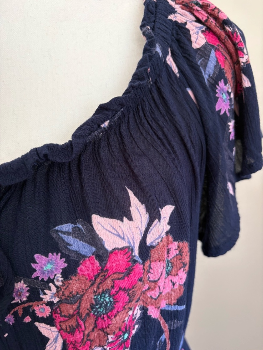 Patrons of Peace Dark Blue Floral Ruffled Sleeve Feminine Casual Midi Dress-Sz-L - Picture 4 of 16